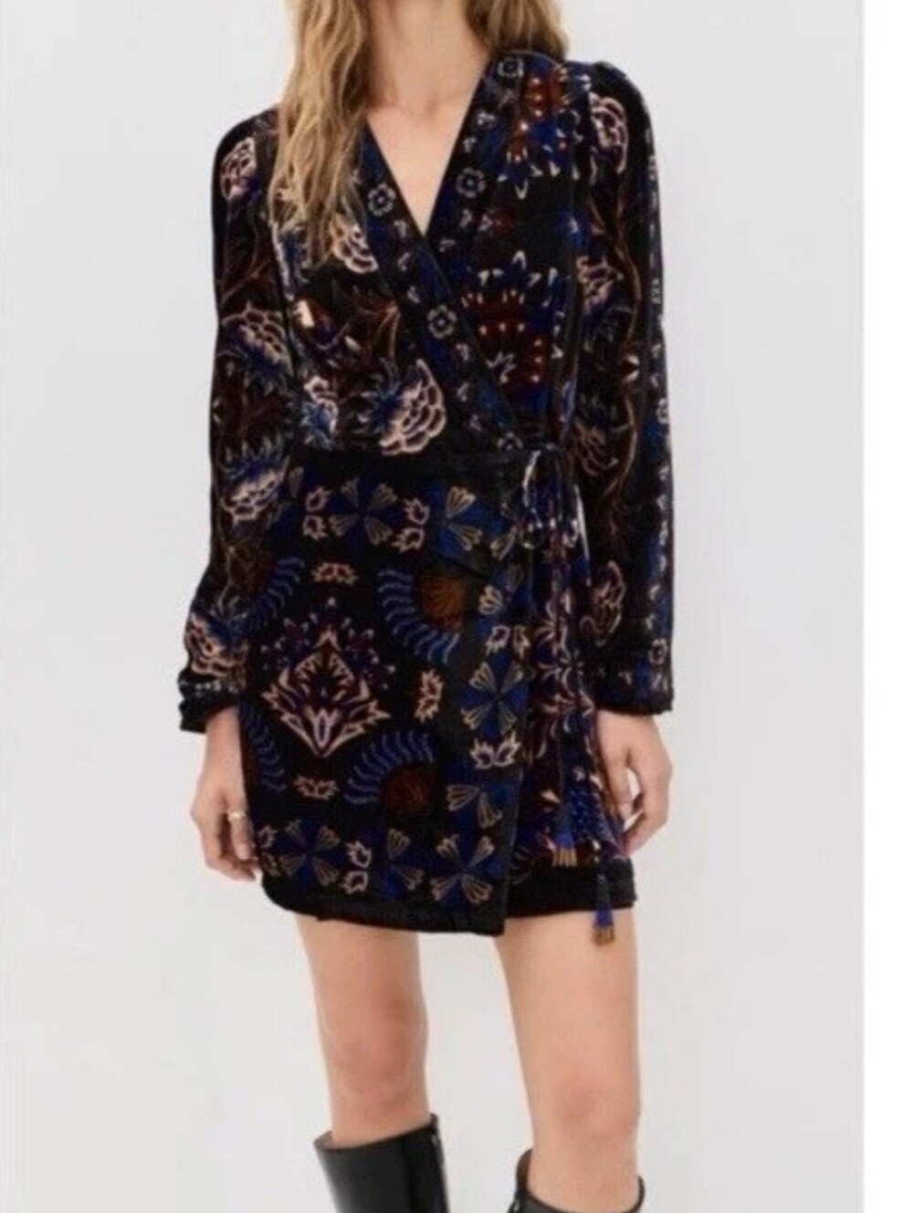 FARM Rio Arabesque Mix Scarves Midnight Floral Velvet Wrap Mini Dress Size M